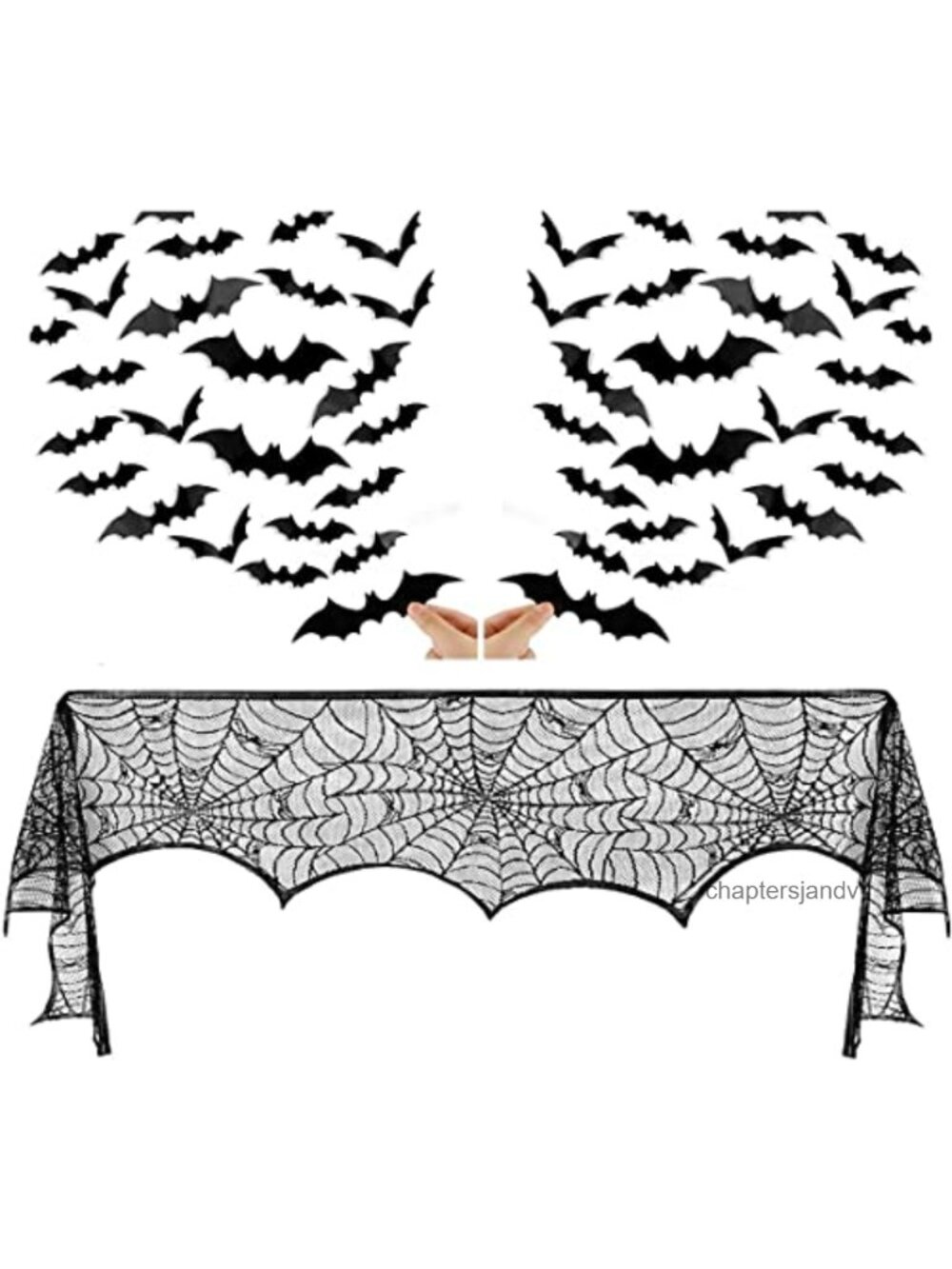 Halloween Lace Spiderweb Fireplace Mantle Scarf with 60 3D Bats
